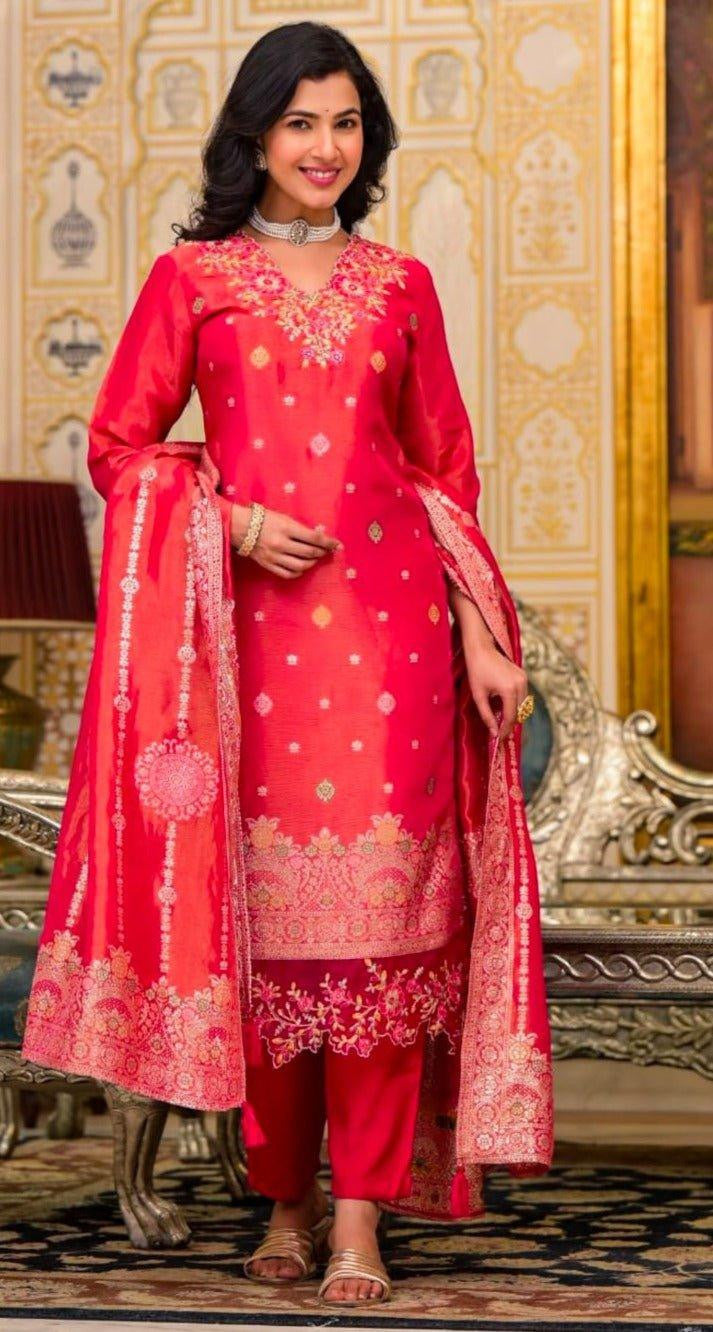 RED & YELLOW PARTY WEAR TISSUE FABRIC SUIT - RajsiPoshak