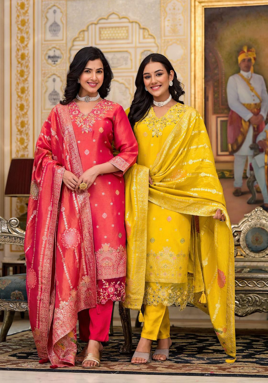 RED & YELLOW PARTY WEAR TISSUE FABRIC SUIT - RajsiPoshak