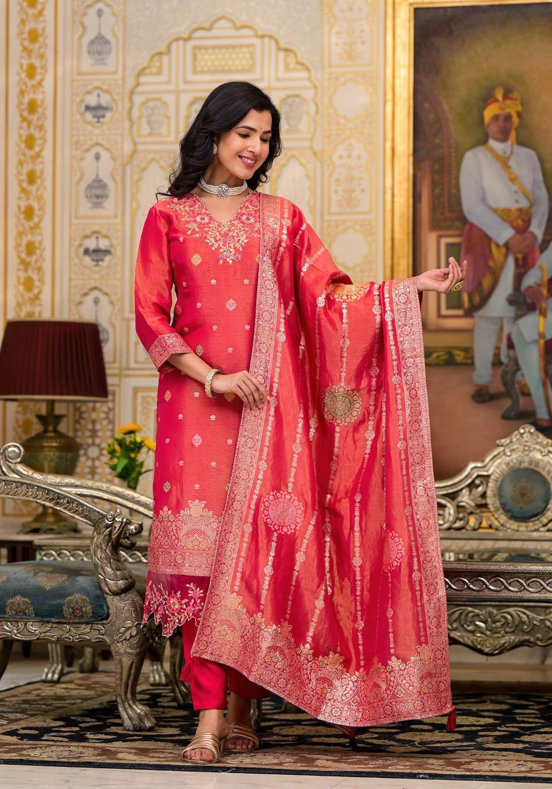 RED & YELLOW PARTY WEAR TISSUE FABRIC SUIT - RajsiPoshak