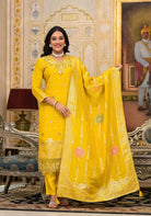 RED & YELLOW PARTY WEAR TISSUE FABRIC SUIT - RajsiPoshak