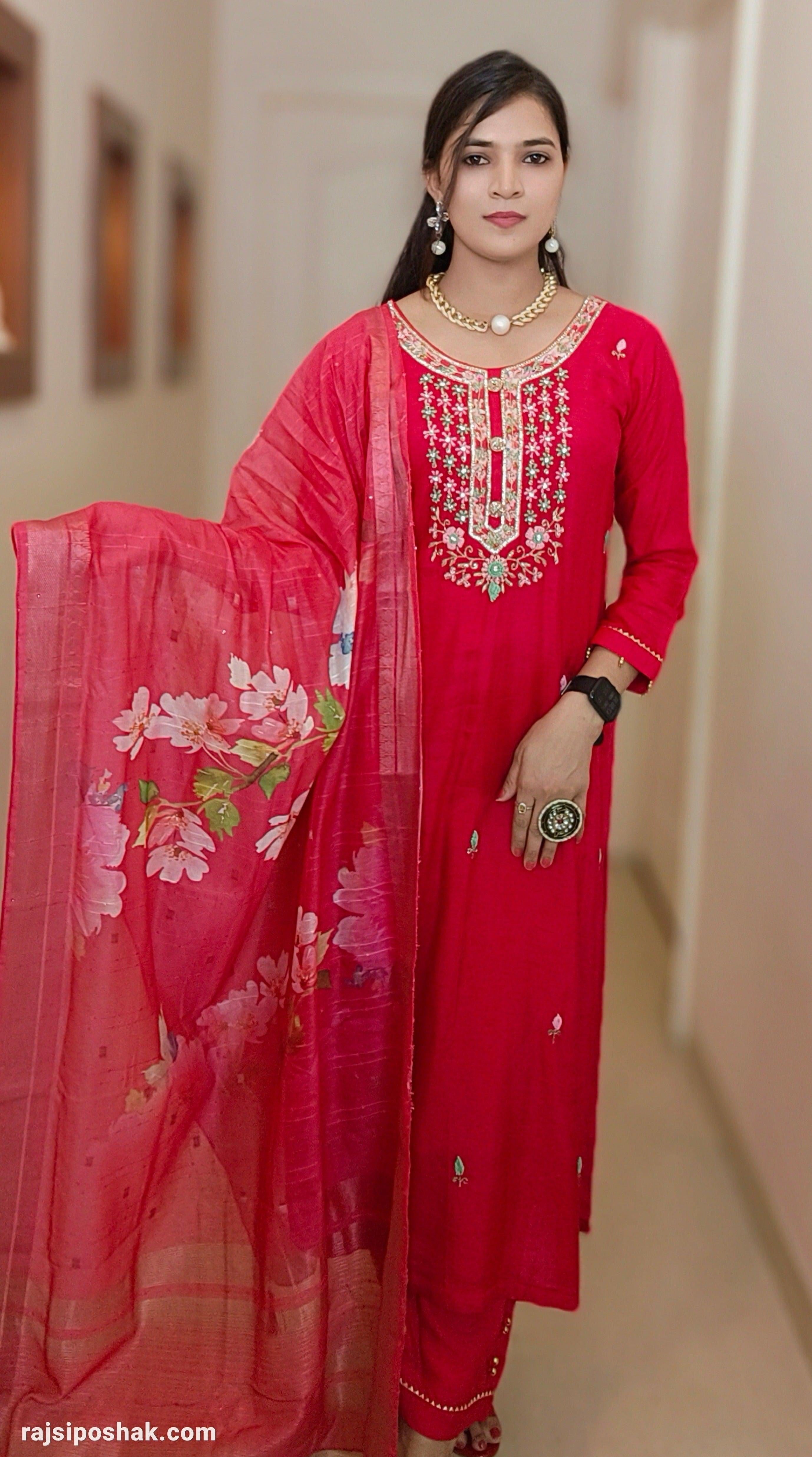 RANI PINK DOLA SILK SUIT with BANARASI DUPATTA - RajsiPoshak