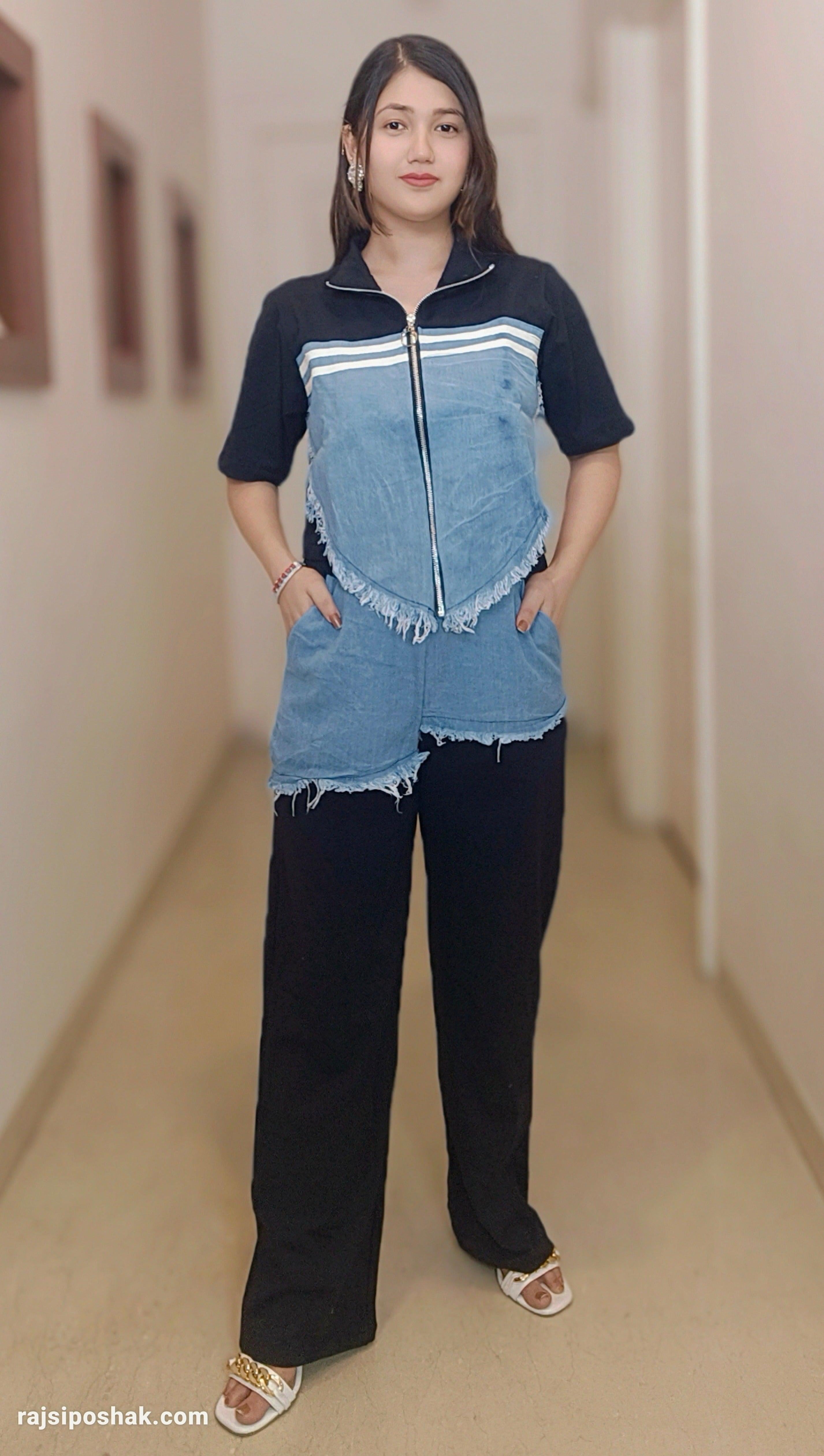 DENIM & HOSIEARY BLUE AIRPORT LOOK COORD SET - RajsiPoshak