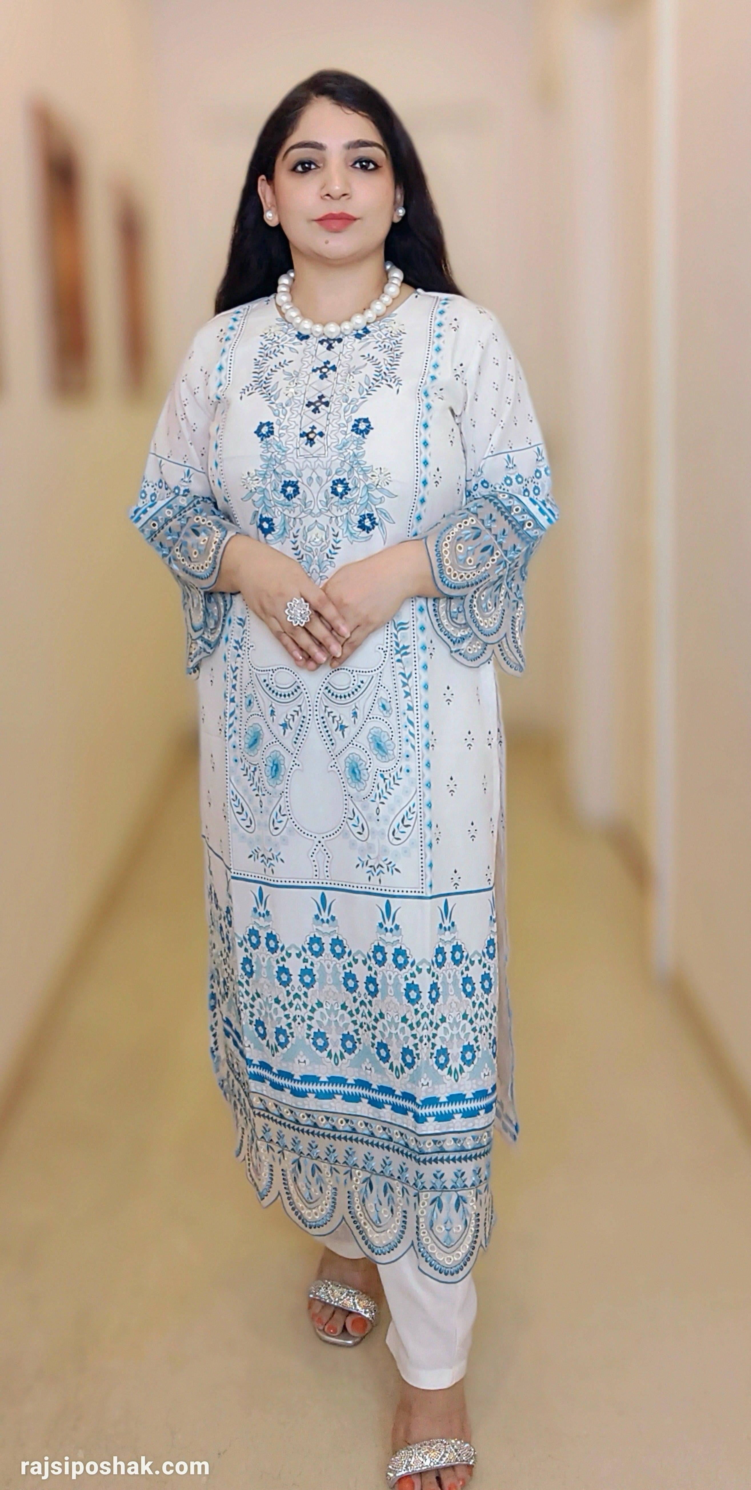 WHITE DIGITAL PRINTED MUSLIN SUIT M12063 - RajsiPoshak