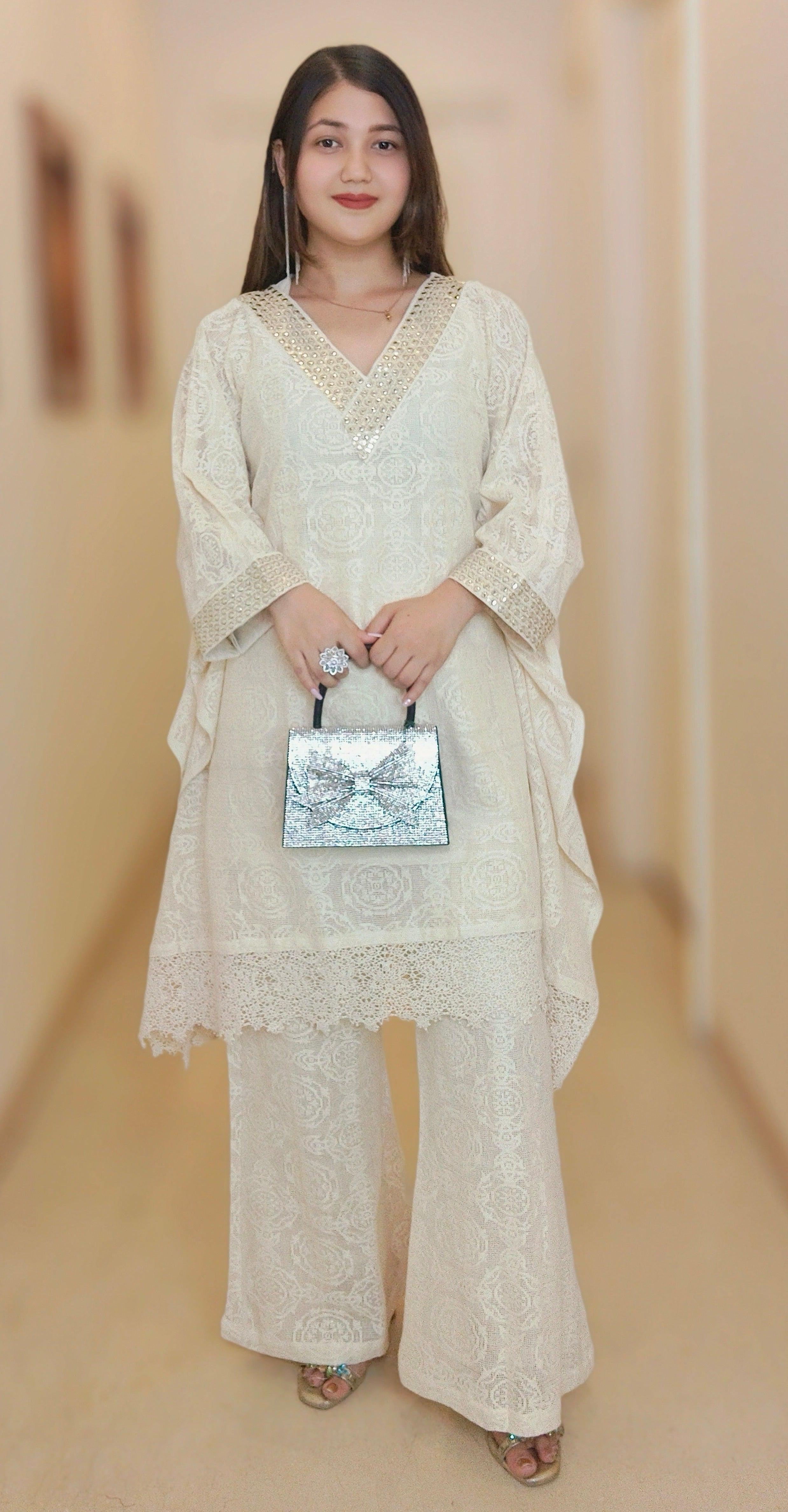 OFF WHITE COTTON KAFTAN COORD SET - RajsiPoshak