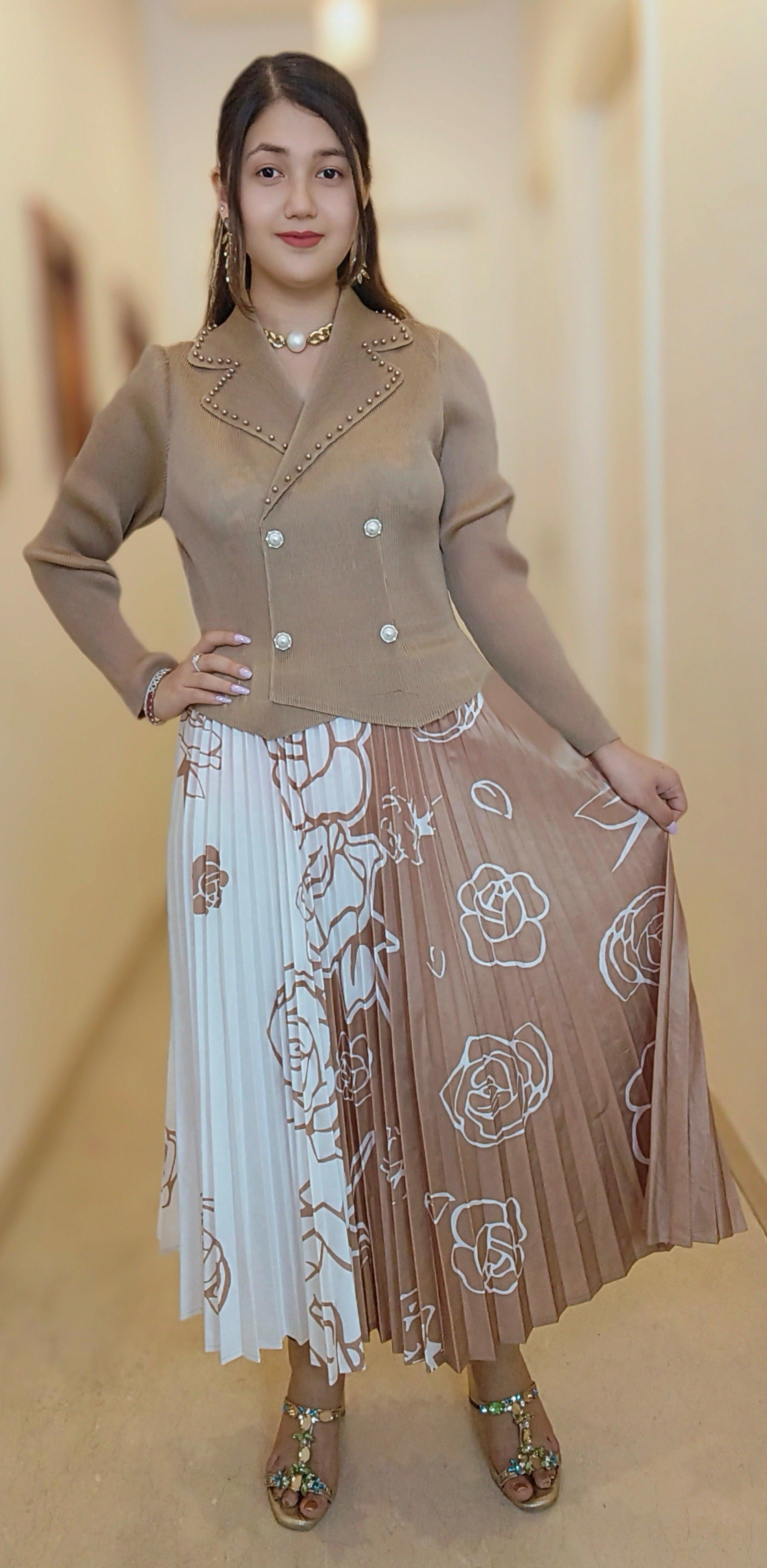 BROWN/WHITE IMPORTED FABRIC  FRILL DRESS - RajsiPoshak