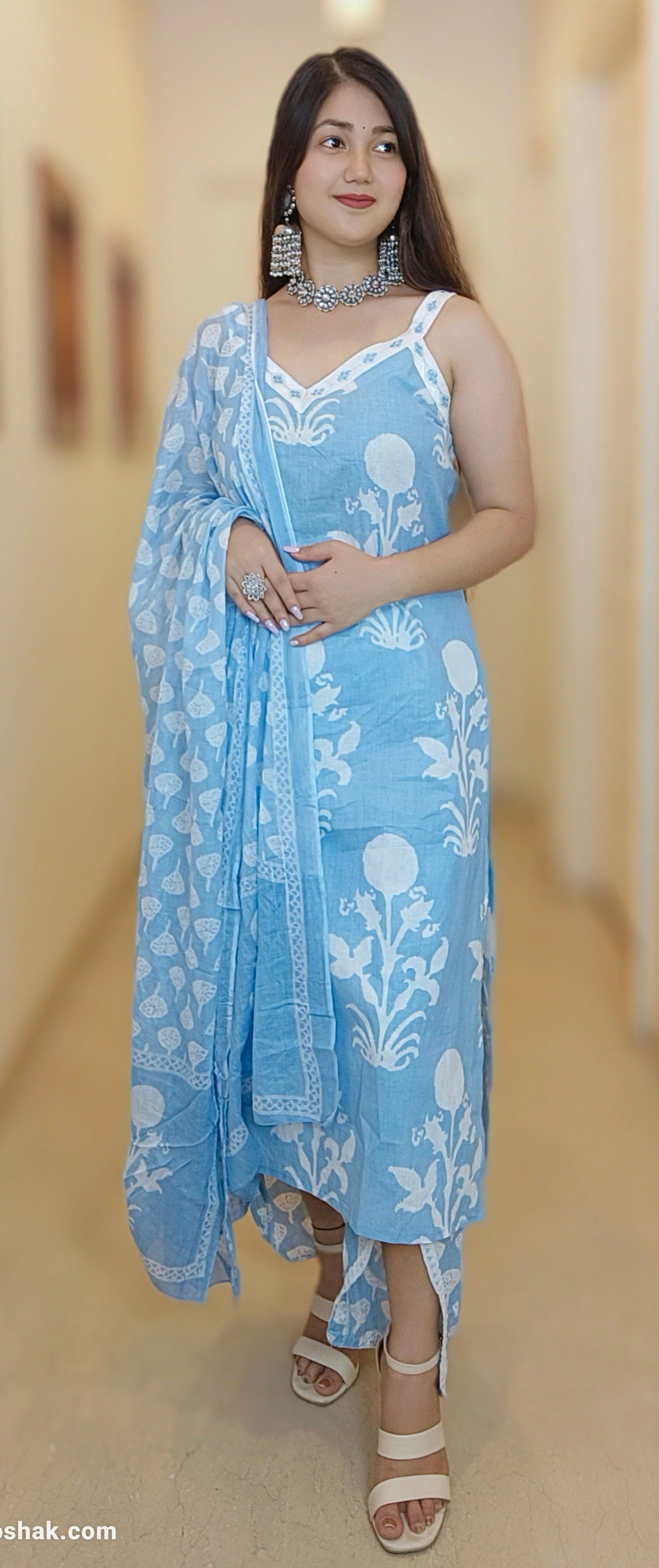 SKY BLUE & PURPLE PURE COTTON DESIGNER SUIT - RajsiPoshak