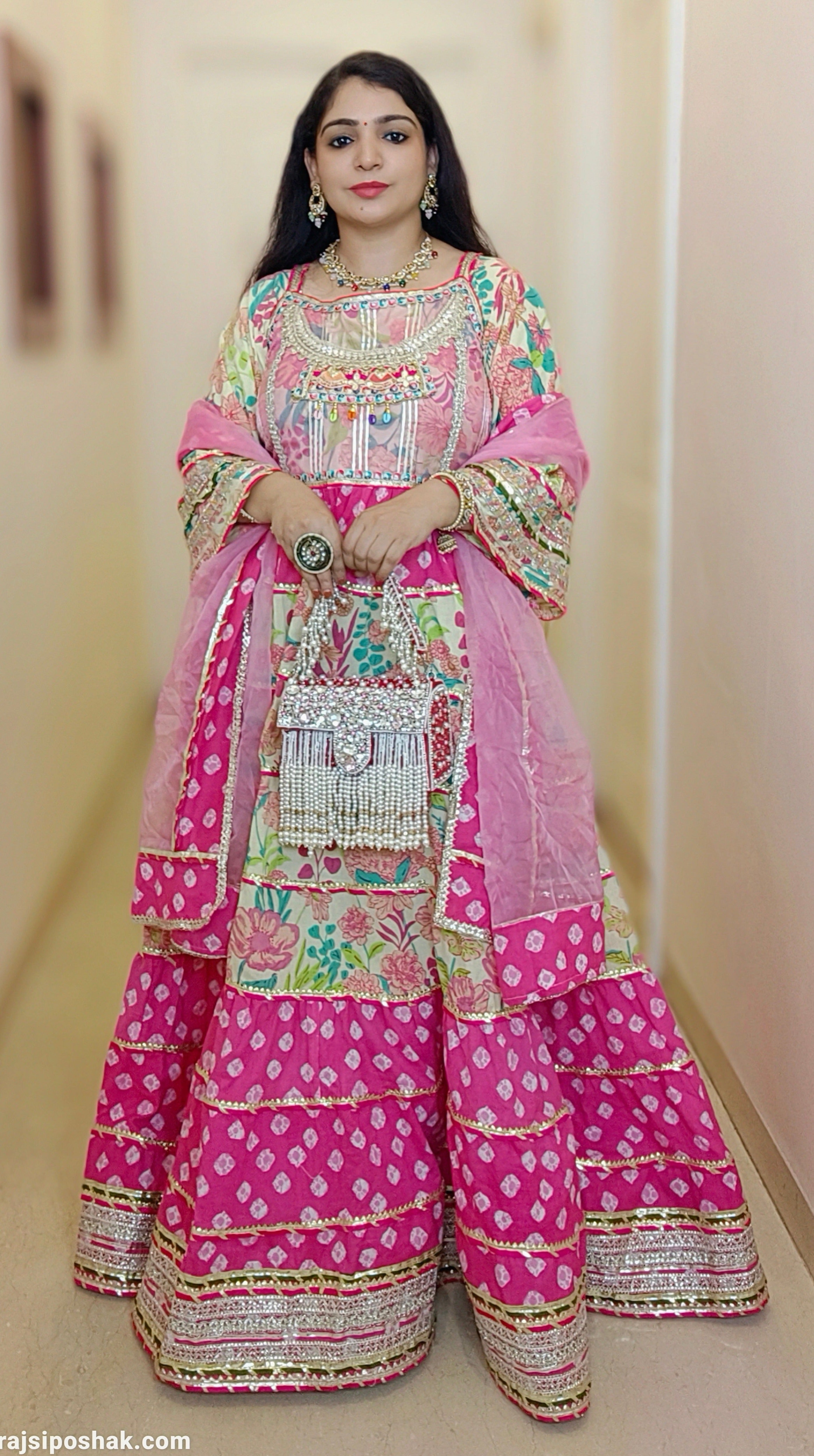 Pink Cotton  Bnadhani Heavy Flared Anarkali with Dupatta - RajsiPoshak