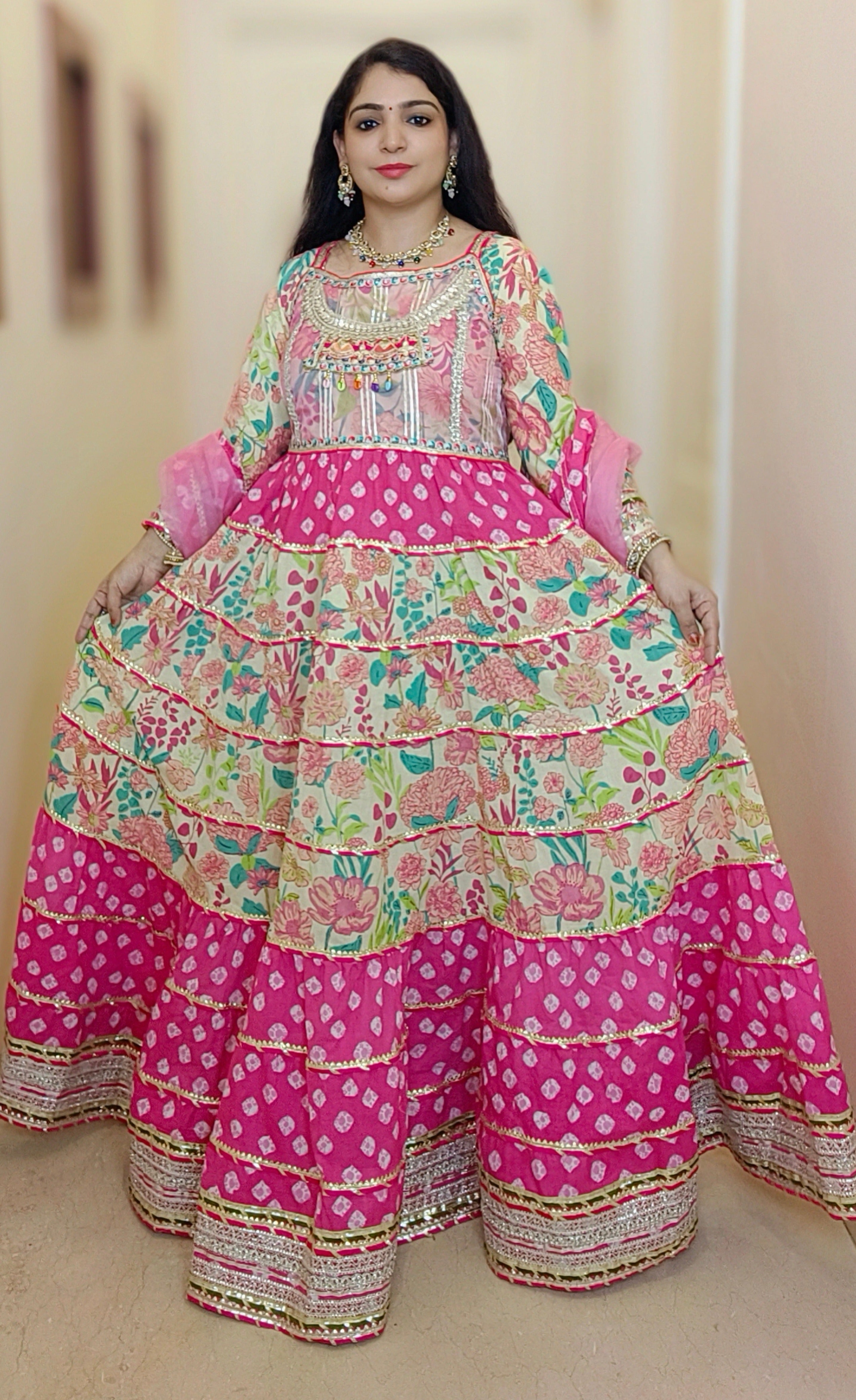 Pink Cotton  Bnadhani Heavy Flared Anarkali with Dupatta - RajsiPoshak