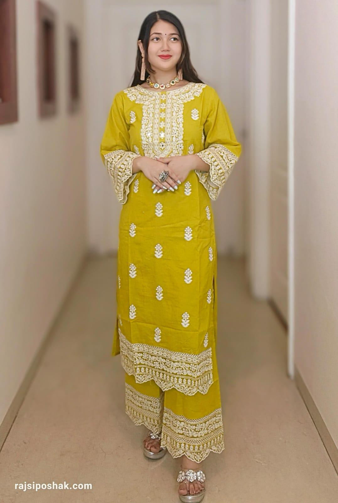 Yellow pure Cotton Embroidered suit with cotton lining with plazo Bottom - RajsiPoshak