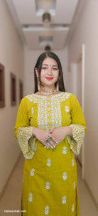 Yellow pure Cotton Embroidered suit with cotton lining with plazo Bottom - RajsiPoshak