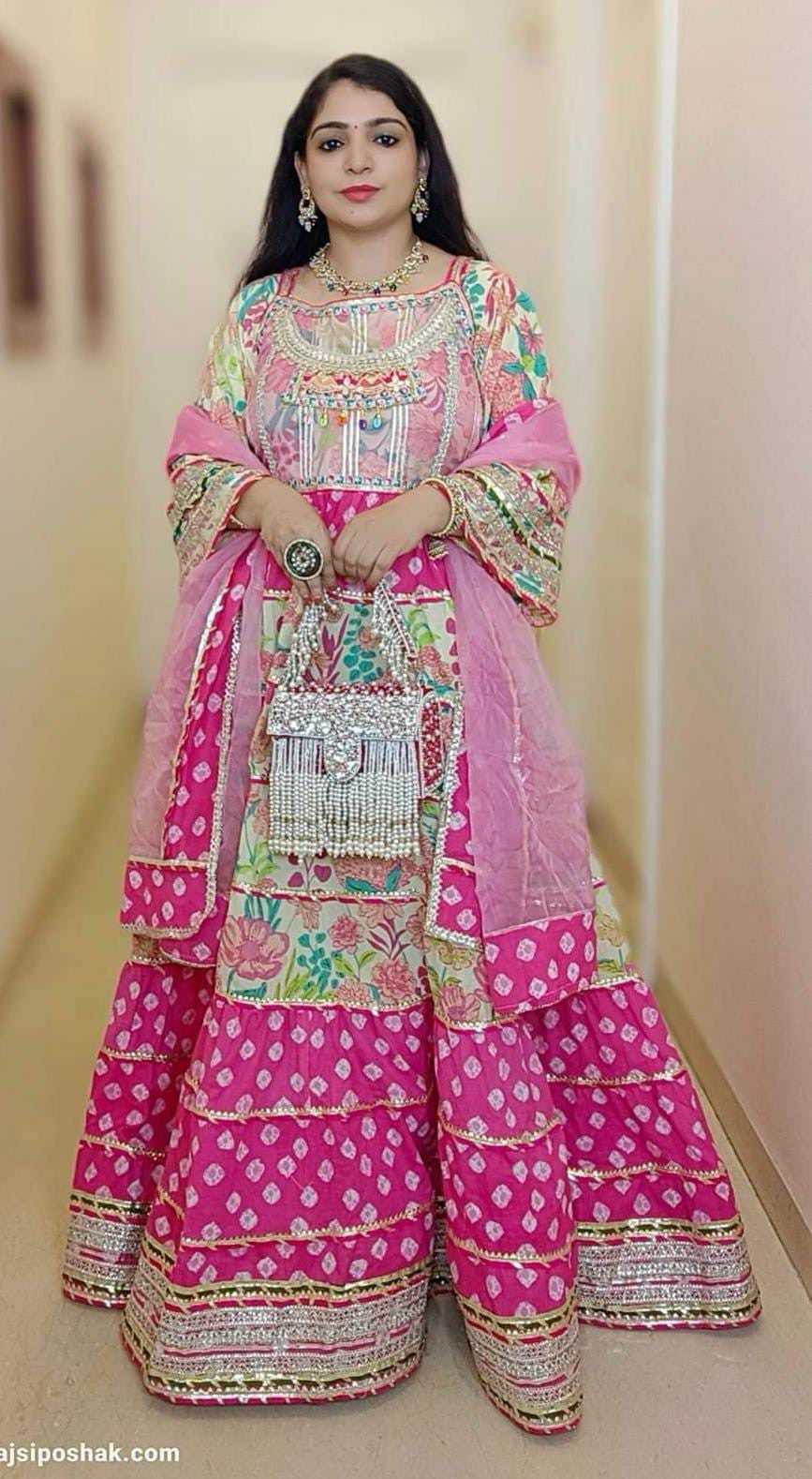 Pink Cotton  Bnadhani Heavy Flared Anarkali with Dupatta - RajsiPoshak